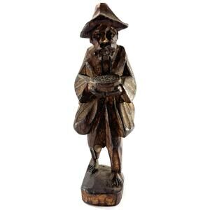 Vintage Hand-Carved Wood Figurine of Traveling Bearded Man w/ Hat & Bowl 8”
